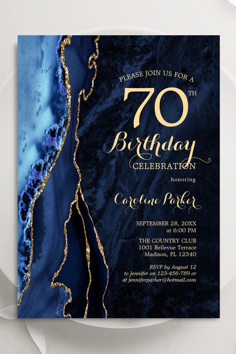 Navy Blue Gold Agate 70th Birthday Invitation Geode Background, Bday Celebration, 50th Birthday Invitation, 60th Birthday Party Invitations, 30th Birthday Party Invitations, 70th Birthday Invitations, 50th Birthday Party Invitations, Invite Card, 60th Birthday Invitations