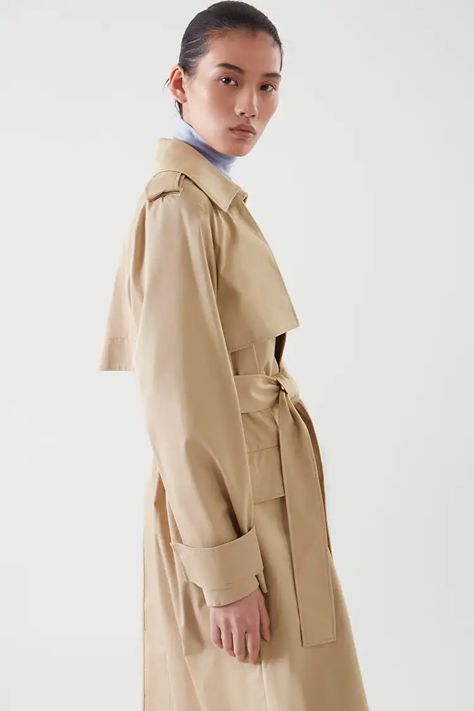 BELTED TRENCH COAT - BEIGE - Coats - COS Longline Trench Coat, Trench Coat Beige, Cotton Trench Coat, Light Denim Jacket, Queen Shop, Wool Winter Coat, Wool Coat Women, Timeless Wardrobe Staples, Belted Trench Coat