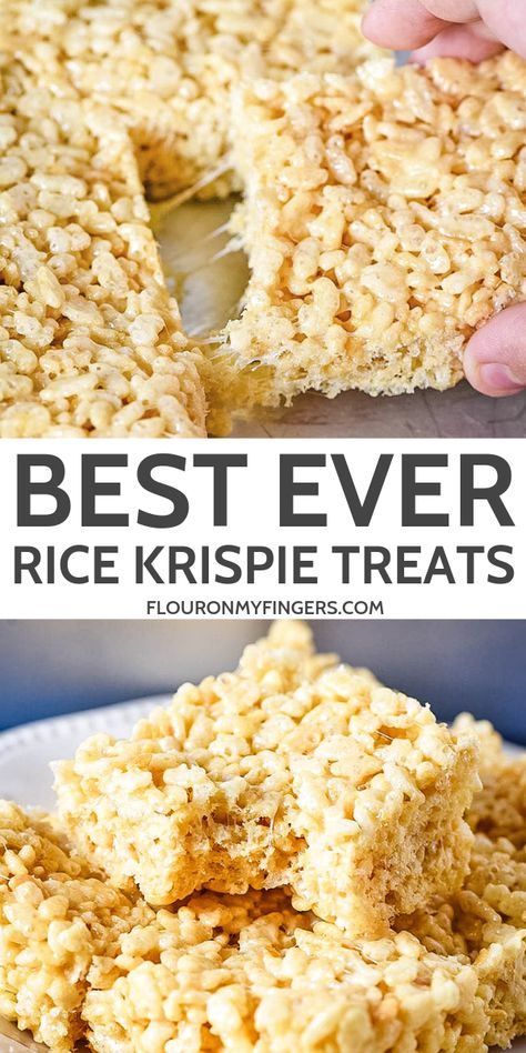 How to make the best Rice Krispie Treats ever! Easy recipe for kids too. Makes a chewy, gooey, deliciously perfect dessert! #flouronmyfingers #ricekrispietreats #easyrecipes #desserts Easy Rice Crispy Treats, The Best Rice Krispie Treats, Best Rice Krispie Treats, Best Rice Krispie Treats Recipe, Quick Sweets, The Best Rice, Best Rice, Krispie Treats Recipe, Dessert Aux Fruits