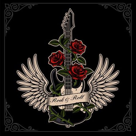 Rock And Roll Tattoo, Guitar Tattoo Design, Guitar Tattoo, Music Drawings, Music Tattoos, Music Artwork, Guitar Art, Rock Posters, Music Design