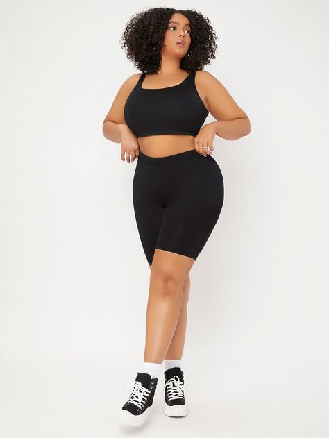 Black Sporty   Polyester Plain Biker Shorts Embellished Medium Stretch  Plus Size Bottoms Shorts Gym Outfit, Biker Shorts Plus, Feminine Black Women, Cycling Shorts Outfit, Shein Basics, Legging Plus Size, Black Biker Shorts, Outfits Mit Shorts, Shorts Plus Size