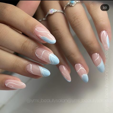 Cute Light Blue Nails Almond, Pastel Blue Almond Acrylic Nails, Blue And White Almond Nails Design, Blue Themed Nails Almond, White And Blue Nails Almond Shape, Nails Acrylic Spooky, Witch Nails Acrylic, Nails Art Designs Summer, Nails Horror