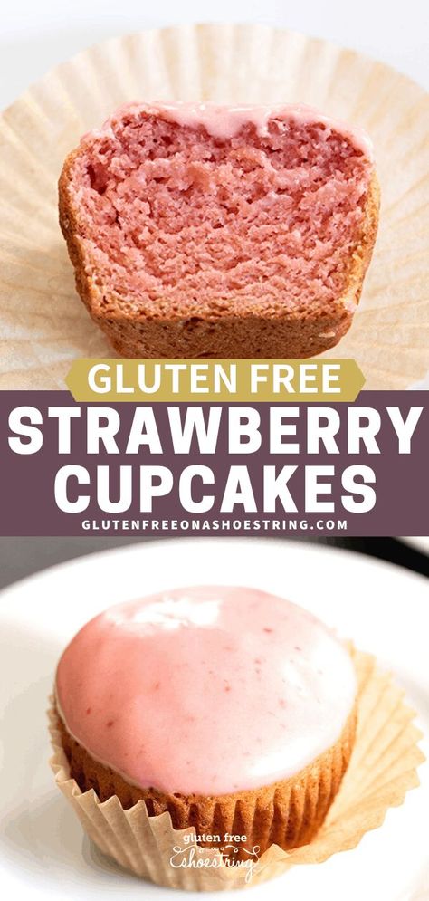 These tender and light gluten free strawberry cupcakes are flavored with cooked and pureed strawberry syrup, and topped with a strawberry glaze or frosting. Gluten Free Strawberry Cupcakes, Gluten Free Cake Recipes, Strawberry Cupcake Recipes, Gf Meals, Gf Sweets, Strawberry Icing, Gluten Free Cake Recipe, Gf Baking, Strawberry Glaze