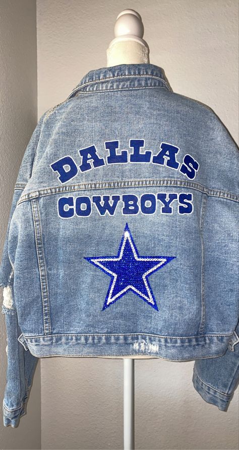 Handpainted and bedazzled Dallas Cowboys denim jacket. Click on the link to place an order through my facebook group! Cowboy Jacket, Hand Painted Denim Jacket, Painted Denim Jacket, Golden Painting, Name Initials, Painted Denim, Denim Jackets, Facebook Group, Dallas Cowboys