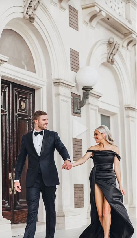 Black Engagement Dress Photo Ideas, Black Tie Photoshoot, Sophisticated Couple Photoshoot, Couple Photoshoot Fancy, Engagment Photo Formal, Black Tie Engagement Photos, Couple Studio Photoshoot Ideas Formal, Elegant Couple Photoshoot Classy, Engagement Photos Formal