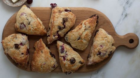 Sour Cherry Chocolate Scones Recipe | Breakfast Recipes | PBS Food Chocolate Scones Recipe, Basic Scones, Cherry Scones, Chocolate Scones, Sour Cherries, Pbs Food, Cherry Chocolate, Scones Recipe, Rainbow Rowell