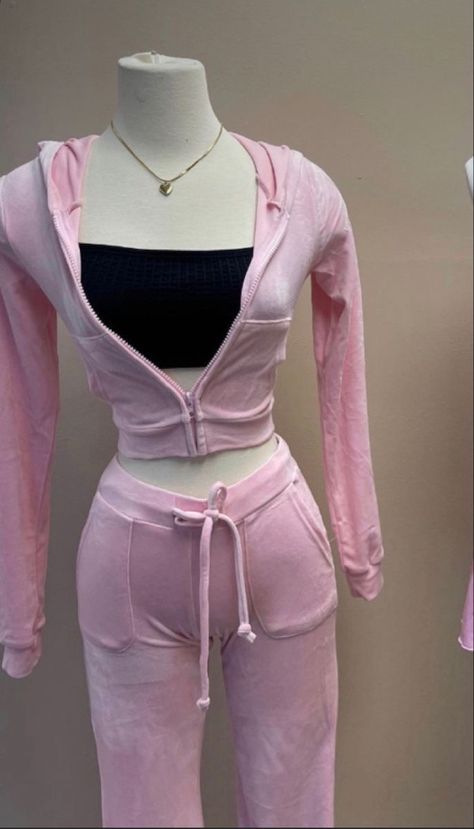 200s Tracksuit, Velour Outfit Ideas, Light Pink Tracksuit, Juicy Outfit Track Suits, Pink Velour Tracksuit Outfit, Y2k Sweatsuit Outfit, Pink White And Black Outfit, Y2k Fits Pink, Light Pink Juicy Couture Tracksuit