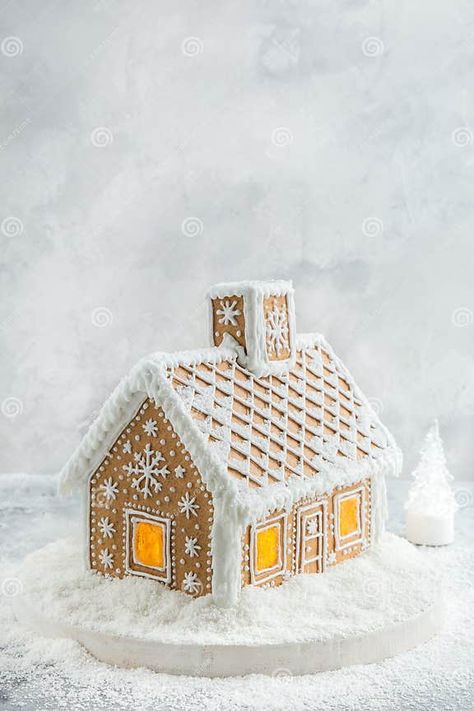 Beautiful Handmade Gingerbread House with Snow for Christmas and New Year, White Backround Stock Image - Image of glazed, dinner: 175634405 House With Snow, White Gingerbread House, Dinner Light, White Gingerbread, Homemade Gingerbread House, White Backround, Gingerbread House Decorations, Christmas Gingerbread House, Christmas Inspo