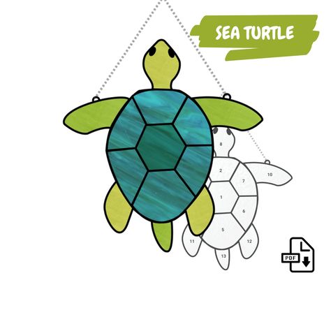 Sea Turtle Stained Glass Pattern Beginner Suncatcher Pattern - Etsy Canada Free Stained Glass Patterns Printables Simple, Stained Glass Ideas For Beginners, Easy Stained Glass Patterns For Beginners, Easy Stained Glass Patterns Free, Stained Glass Suncatcher Patterns, Beginner Stained Glass Patterns Free, Stained Glass Patterns Free Printables, Stained Glass Easy, Stained Glass Simple