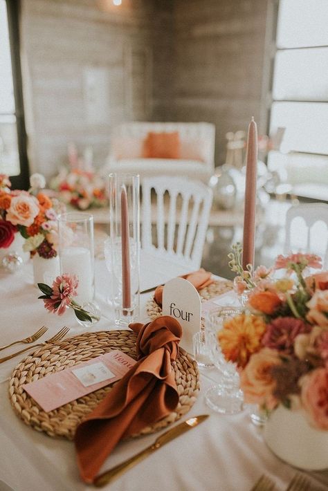 Terracotta Wedding Decor Color Palettes, Sunset Hues Wedding Theme, Pink Brown Orange Wedding, 70s Wedding Table Decor, Sunset Table Setting, Rosey Sunset Wedding Decor, Sunset Themed Wedding Color Inspiration, Summer Terracotta Wedding, Spring Terracotta Wedding