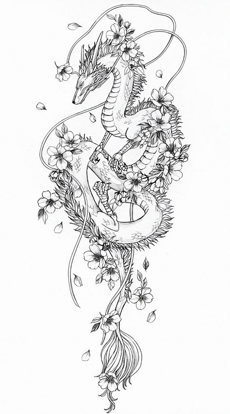 Chinese Dragon Sleeve Tattoo, Spine Dragon Tattoo, Cherry Blossom Dragon Tattoo, Spider Tattoo For Women, Dragon Tattoo With Flowers, Arm Wrap Tattoo, Dragon Tattoo Back, Dragon Tattoo For Women, Fantasy Tattoos