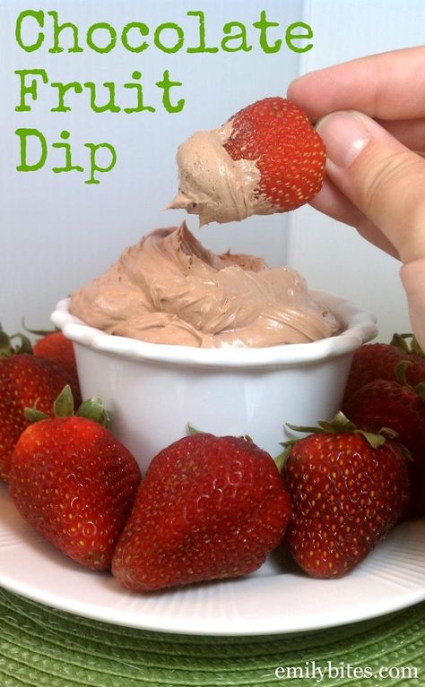 Chocolate Fruit Dip: 8 oz 1/3 less fat cream cheese, softened; 1/3 c sugar; 1/3 c cocoa powder; 1 t vanilla 2 cups light Cool Whip. In large bowl, add sugar & cream cheese. Beat w/mixer til combined. Add cocoa powder & vanilla. Beat again til thoroughly mixed. Add Cool Whip & continue to beat until well combined. Chocolate Fruit Dip, Emily Bites, Chocolate Dipped Fruit, Sweet Dips, Chocolate Fruit, Dessert Dips, Fruit Dip, Think Food, Paula Deen