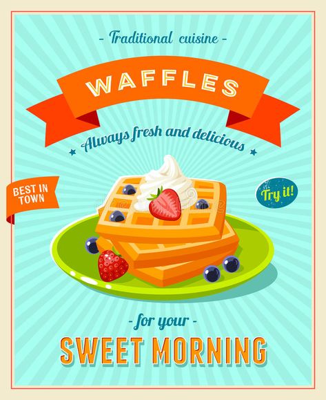 Waffles Illustration, Waffle Poster, Dessert Cafe, Restaurant Sign, Restaurant Signs, Vintage Restaurant, Best Breakfast, Waffles, Stock Illustration