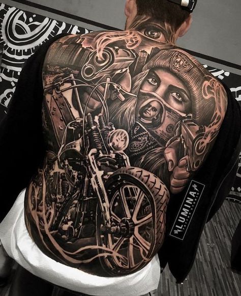 Biker Tattoo, Harley Tattoos, Art Chicano, Motorcycle Tattoo, Chicano Tattoos Sleeve, Torso Tattoos, Skull Sleeve Tattoos, Motorcycle Tattoos, Bike Tattoos