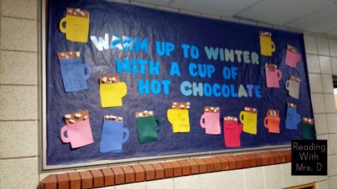 Winter Attendance Bulletin Board, Cozy Bulletin Board Ideas, Hot Chocolate Bulletin Board Ideas, Hot Chocolate Bulletin Board, New Years Craft, Daycare Bulletin Boards, Sunshine Room, Daycare Art, Hallway Decorations