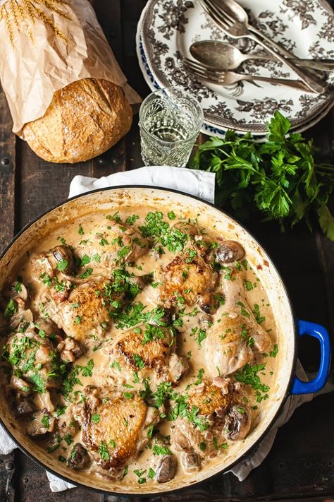 Coq au Vin Blanc (Chicken in White Wine) - Vikalinka White Wine Chicken, Cremini Mushrooms, French Cooking, Cooking Wine, Chicken Dishes Recipes, Poultry Recipes, Comfort Foods, Chicken Dinner Recipes, Chardonnay