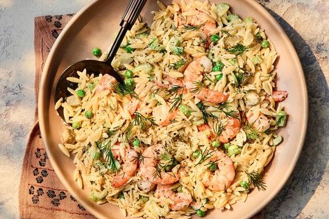 Orzo Pasta Salad with Shrimp Shrimp Orzo Salad Real Simple, Pasta Salad With Shrimp, Shrimp Orzo Salad, Starch Recipes, Shrimp Orzo, Salad With Shrimp, Cold Salads, Orzo Pasta Salad, Orzo Salad