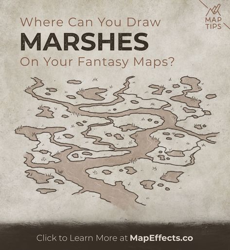 Marshes - Where to draw them realistically on your fantasy maps for rpg or your novel. Fantasy Map Marsh, Swamp Map, Fantasy Scrapbook, Map Effects, Cartography Design, Landscape Drawing Tutorial, World Ideas, Map Sketch, Map Drawing