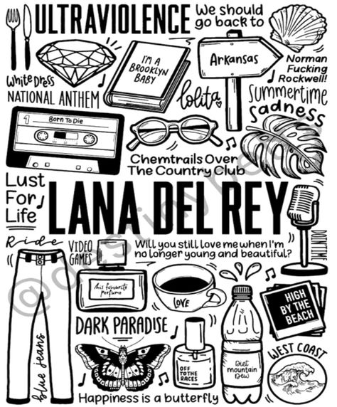 Lana Del Rey Coloring Pages, Lana Del Rey Art Draw, Lana Del Rey Doodles, Lana Del Rey Doodle, Lana Del Rey Prints, Lana Del Rey Tattoo Ideas, Lana Del Rey Drawing, Rey Drawing, Lana Del Rey Tattoos