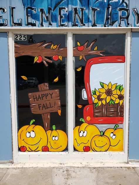 Fall Themed Window Painting, Cute Fall Window Paintings, Fall Window Painting Ideas For Classroom, Fall Mural Ideas, Daycare Window Painting, Fall Window Art Painting, Thanksgiving Window Painting Ideas, Fall Window Painting Store Fronts, Fall Window Painting Ideas Easy