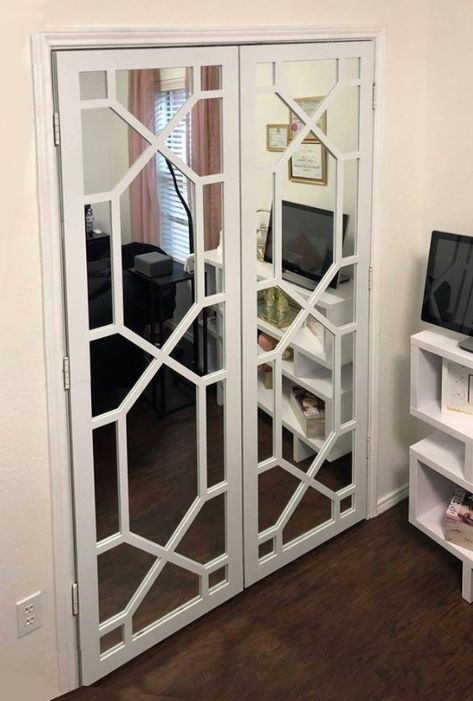 Transform your mirrored doors with O'verlays! Standard, and custom sizes, available!!  #myoverlays #chip #overlays #homedecor #decor #decorative #fretwork #mirror #mirrors #mirrored #door #doors #customize #transform Standard Living Room Size, Mirror Door Update, Mirror Door Ideas, Mirrored Doors Makeover, Ceiling Fretwork, Mirror Door Makeover, Mirror Closet Door Makeover, Office Closet Storage, How To Update Sliding Closet Doors