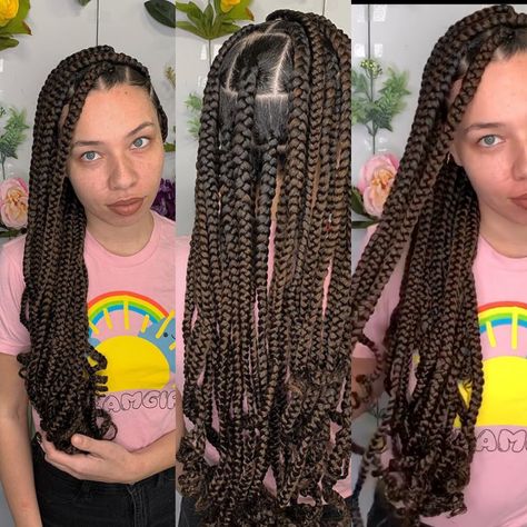 Braids With Curls Updo, 4 Box Braids, Braids W Curly Ends, Knotless Box Braids With Curls, Box Braids Large, Large Knotless Box Braids, Box Braids With Curls, Braids Large, Box Braids With Curly Ends