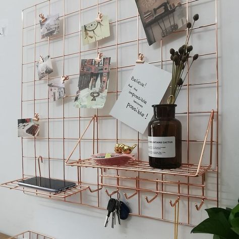 Metal Wall Grid, College Dorm Living Room, Decorating Your Office At Work, Rose Gold Room Decor, Grid Panel, Dorm Living Room, Photo Wall Decor, Metal Grid, Dorm Living