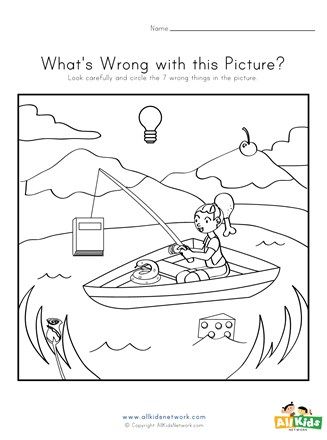 What's Wrong With The Picture Worksheet, Whats Wrong With This Picture Worksheets, What Is Wrong In The Picture Worksheet, What Is Wrong With This Picture, Fishing Worksheet, Perceptual Activities, Printable Road Trip Games, Visual Perceptual Activities, Picture Of A Person