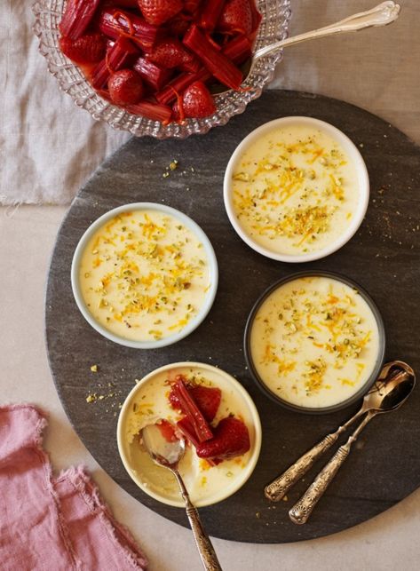 Orange and Rosewater Baked Yoghurt with Roasted Strawberries and Rhubarb Light Cheesecake, Baking Lessons, New Zealand Food, Roasted Strawberries, Types Of Desserts, Custard Recipes, Rhubarb Recipes, Artisan Food, Cookie Cups