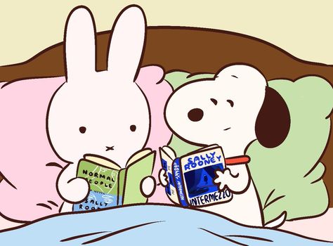 Snoopy And Miffy, Miffy And Snoopy, Miffy Reading, Sally Rooney Aesthetic, Snoopy Reading, Snoopy Book, Snoopy Cute, 2025 Board, Sally Rooney