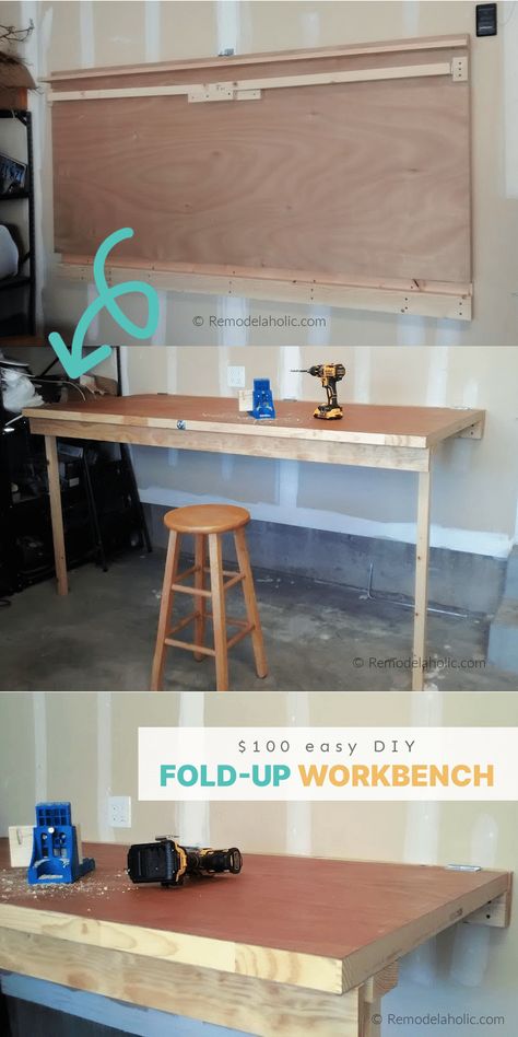 Collapsible Table Wall, Diy Folding Workbench Wall Mounted, Diy Folding Workbench, Diy Drop Down Table, Diy Fold Down Table, Wall Table Diy, Folding Table Diy, Fold Up Desk, Mounted Folding Table