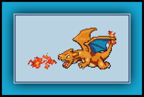 Free Charizard Cross Stitch Pattern Pokemon Red and Blue Starter Geeky Cross Stitch Patterns, Pokemon Crafts, Geeky Cross Stitch, Pixel Grid, Pokemon Red Blue, Pokemon Cross Stitch, Pokemon Sketch, Pokemon Pattern, Pixel Art Pokemon