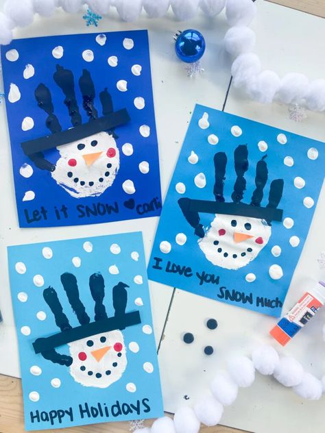 20 SIMPLE DIY Christmas Cards for Kids - ABCDee Learning Snowman Lesson Plans For Toddlers, Snowman Parent Gift, Cold Weather Crafts For Preschoolers, January Childrens Crafts, Snowman Handprint Card, December Crafts Preschool Easy, Handprint January Craft, Snow Man Art For Kids, Snowman Projects For Preschoolers