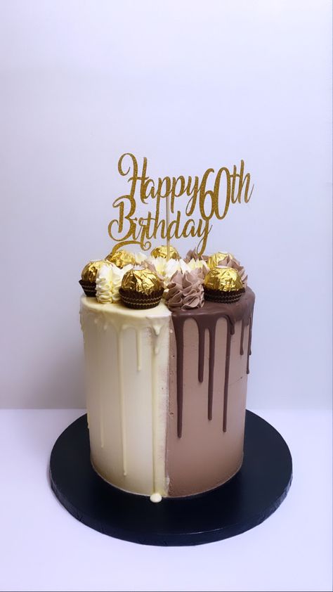 Half white chocolate and half milk chocolate cake with red velvet sponge😍 Half Chocolate Half Vanilla Cake Design, Half And Half Cake Designs, Half Chocolate Half Vanilla Cake, 2 Layers Cake, Vanilla Drip Cake, Half And Half Cake, Bueno Cake, 21st Bday Cake, Half Cake