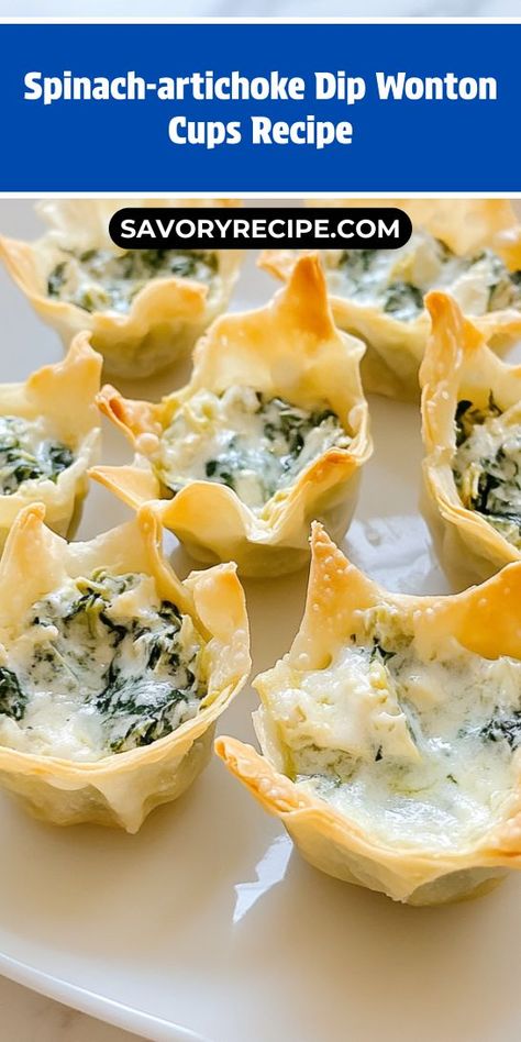 Looking for a crowd-pleasing appetizer that combines the goodness of spinach and artichokes? This Spinach-Artichoke Dip Wonton Cups recipe is a delicious twist on a classic favorite! Save this easy-to-follow recipe for your next gathering and impress your guests with these delightful appetizer cups. Spinach Artichoke Dip Easy, Appetizer Cups, Crispy Wonton, Savory Recipe, Wonton Cups, Crowd Pleasing Appetizers, Wonton Wrappers, Spinach Artichoke Dip, Creamed Spinach