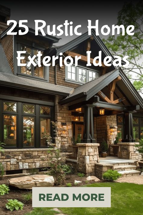 Discover 25 stunning rustic home exterior ideas that will transform your house into a cozy retreat. From charming wooden accents to beautiful stone facades, find inspiration to enhance the exterior of your home and create a warm and welcoming ambiance. Whether you love the look of a classic farmhouse or prefer a more modern rustic style, these ideas are sure to spark your creativity and elevate your curb appeal. Explore different materials, colors, and architectural details to bring character an Stone Homes Exterior Rustic, Exterior House Materials Combinations, Wood Peaks On House Exterior, Dark Wood Exterior House, Rustic Home Exterior Colors, Farmhouse Ranch Exterior Ideas, Rustic Modern House Exterior, Rustic Exterior House Color Ideas, Houses With Stone Exterior