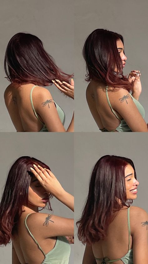 Brown Hair Wine Highlights, Best Hair Colour For Black Women, Red Hair After It Fades, Red Undertone Hair Brown Highlights, Dark Cherry Red Hair Tan Skin, Cherry Coke Hair Color On Black Hair, Dark Brown With Red Tint Hair, Natural Wine Red Hair, Dyed Hair Indian Skin