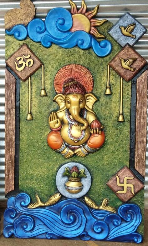 3d Relief Art, Mural Art Design, Ganesh Art Paintings, Persian Art Painting, Boho Art Drawings, Lord Ganesha Paintings, Clay Wall Art, Ganesha Painting, Ganesha Art