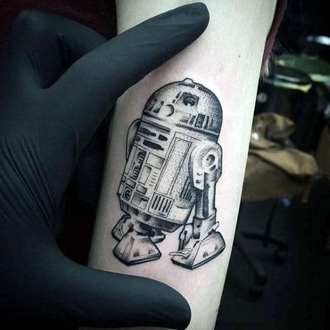 Small Dotwork Mens Inner Forearm Rd2d Tattoos R2d2 Tattoo, Star Wars Tattoo Sleeve, Potter Tattoo, Inner Forearm Tattoo, Detailed Tattoo, Star Wars Tattoo, Unique Tattoo Designs, Star Tattoos, Fine Line Tattoos