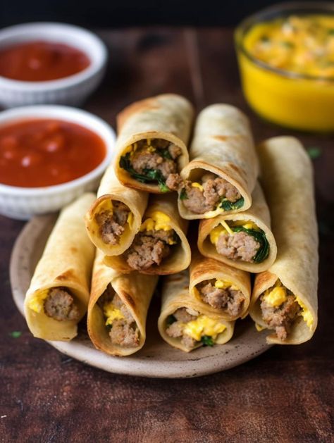 Savory Breakfast Taquitos Breakfast Taquitos, Health Meal Prep, Fluffy Scrambled Eggs, Corn Tortilla, Homemade Sausage, Gooey Cheese, Chopped Spinach, How To Cook Sausage, Savory Breakfast