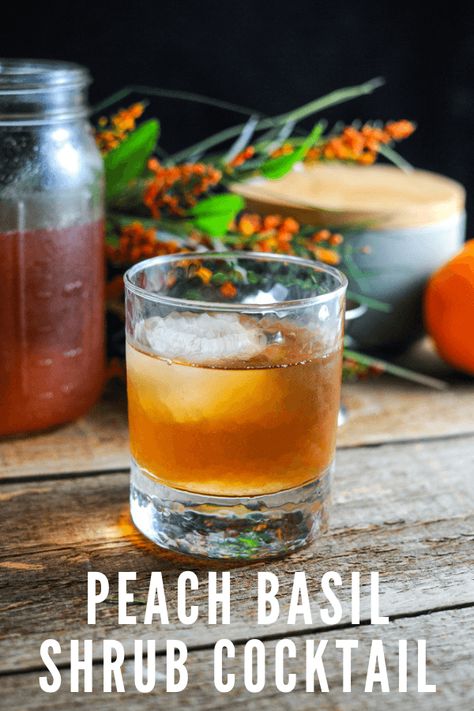 This easy to make shrub cocktail is make with apple cider vinegar, basil, peach, bourbon and simple syrup. We will show you how to make this great peach recipe. #gastronomblog #cocktails #peaches #whiskey #drink Peach Shrub, Shrub Drink, Peach Basil, Basil Cocktail, Peach Bourbon, Shrub Recipe, Peach Cocktail, Craft Cocktail Recipe, Drinking Vinegar