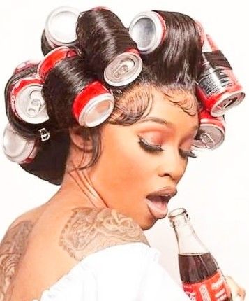 Coke Can Hair Rollers, Soda Can Hair Rollers Photoshoot, Soda Can Hair Rollers, Can Hair Rollers, Hair Photoshoot Ideas, Big Hair Rollers, Coke Cola, Pop Cans, Coke Cans