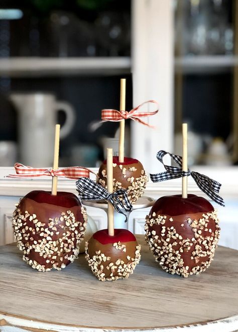 Apple Tiered Tray Decor, Faux Caramel Apples, Apple Tiered Tray, Fake Baking, Caramel Apples Halloween, Candy Decorations Diy, Fall Tray, Apple Decor, Red Tray