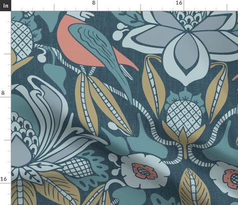 Strawberry Thief Tropical Fabric Tanager Blue With Coral | Etsy William Morris Fabric, Scarlet Tanager, Tropical Fabric, Strawberry Thief, Blue Coral, Square Dining Tables, Coral Blue, Custom Curtains, Blue Wallpapers