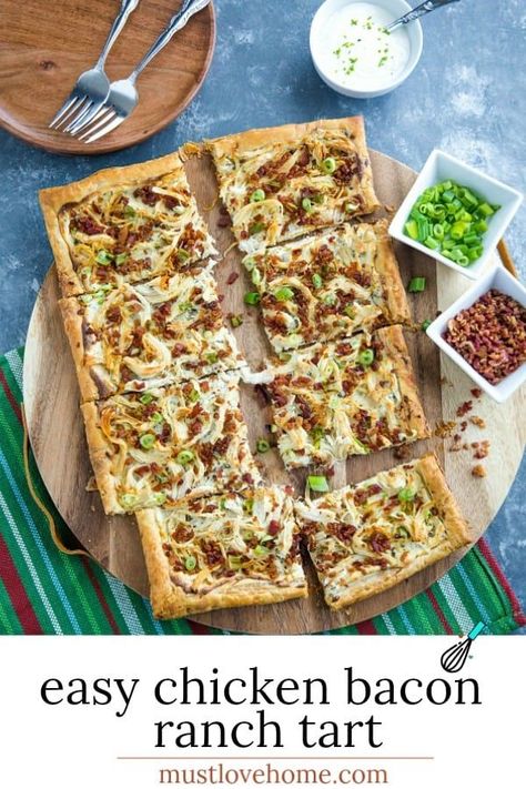 Shortcut ingredients like puff pastry, cooked chicken, chive cream cheese and bacon crumbles makes this Chicken Bacon Ranch Tart a quick and simple dinner favorite! #mustlovehomecooking Chive Cream Cheese, Puff Pastry Pizza, Healty Dinner, Chicken Dishes Easy, Puff Pastry Tart, Simple Chicken, Simple Dinner, Recipes Appetizers And Snacks, Chicken Bacon Ranch