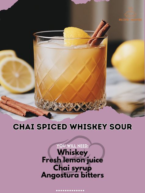 Warm up with our Chai Spiced Whiskey Sour! A comforting blend of spices that’s perfect for chilly autumn nights! 🍂🥃 #ChaiSpice Chai Spiced Whiskey Sour Ingredients: Whiskey (2 oz) Fresh lemon juice (3/4 oz) Chai syrup (1/2 oz) Angostura bitters (2 dashes) Cinnamon stick (for garnish) Instructions: In a shaker, combine whiskey, lemon juice, chai syrup, and bitters with ice. Shake well and strain into an ice-filled glass. Garnish with a cinnamon stick. 🍂✨ Enjoy the Chai Spiced Whiskey Sour!... Chai Syrup, Glass Garnish, Whiskey Sour, Chai Spice, Angostura Bitters, Fresh Lemon Juice, Bitter, Lemon Juice, Cinnamon Sticks