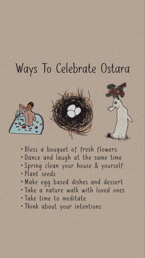 Symbols Of Ostara Colors: Green, pink, blue Foods: Eggs, honey, sprouted greens, baked goods, asparagus Stones: Aquamarine, amethyst, rose quartz Symbols: Rabbits, eggs, spring flowers, lambs, clover, baskets Flowers & Plants: clover, daffodils, crocus, tulips Deities: Isis, Estotre, Adonis #ostara #ostaraholliday #wiccan #wheeloftheyear #witch #witchcraft #witchcraftforbeginners Ostara Images, Ostara Outfit Ideas, Ostara Basket Ideas, Ostara Aesthetic Wallpaper, Ostara Colors, Ostara Food Recipes, Ostara For Kids, Food For Ostara, Ostara Symbols