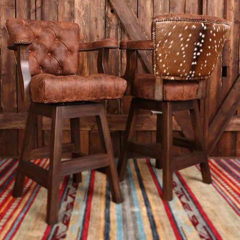 Oakmont Barstool Axis Deer Hide, Axis Deer, Rustic Bar Stools, Counter Stools With Backs, Black Forest Decor, Deer Hide, Rustic Bar, Stools With Backs, Leather Bar Stools