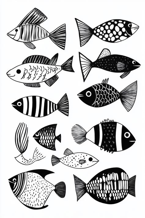 Whimsical hand-drawn sea creatures featuring simple fish drawing, fish drawing for kids, fish drawing easy, and fish drawing simple styles in black ink. Fish Template Printable Free Pattern, Fish Drawing Simple, Fish Sketches, Fish Drawing For Kids, Easy Fish Drawing, Aquatic Design, Water Bottle Art, Fish Sketch, Aquatic Art