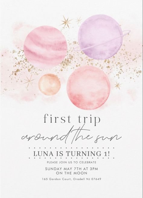 Luna First Birthday, One Trip Around The Sun Birthday Girl, Twin Birthday Themes, Girly Party Ideas, Astronaut Birthday, Baby Birthday Themes, Outer Space Birthday, Girl Bday Party, Space Birthday Party